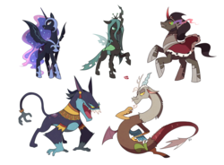Size: 1200x885 | Tagged: safe, artist:raichi, artist:ssalrobyul, ahuizotl, discord, king sombra, nightmare moon, queen chrysalis, ahuizotl (species), alicorn, changeling, changeling queen, draconequus, pony, unicorn, g4, adorabolical, ahuidorable, antagonist, cute, cutealis, discute, female, male, mare, moonabetes, simple background, sombradorable, spread wings, stallion, white background, wings