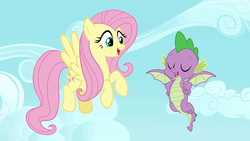 Size: 1280x720 | Tagged: safe, edit, edited screencap, screencap, fluttershy, spike, dragon, pegasus, pony, g4, molt down, duo, female, flying, male, mare, winged spike, wings