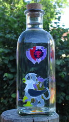 Size: 1135x1978 | Tagged: safe, artist:malte279, apple bloom, gabby, scootaloo, sweetie belle, griffon, g4, bottle, craft, cutie mark, cutie mark crusaders, glass engraving, glass painting, irl, photo