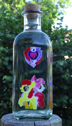 Size: 1135x1978 | Tagged: safe, artist:malte279, apple bloom, scootaloo, sweetie belle, g4, bottle, craft, cutie mark, cutie mark crusaders, glass engraving, glass painting, irl, photo