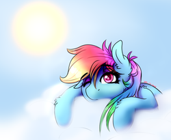 Size: 1321x1083 | Tagged: safe, artist:aaa-its-spook, rainbow dash, pegasus, pony, g4, cloud, female, one eye closed, one eye open, sky, sleepy, solo, sun