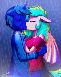 Size: 920x1160 | Tagged: safe, artist:the-butch-x, oc, oc only, bat pony, unicorn, anthro, anthro oc, bat pony oc, clothes, commission, duo, eyes closed, floppy ears, kissing, male, rain, straight