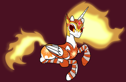 Size: 3000x1972 | Tagged: safe, artist:trash anon, daybreaker, alicorn, pony, g4, armor, burning, clothes, dark sclera, female, fire, folded wings, looking down, lying down, mare, raised hoof, scowl, simple background, socks, solo, striped socks, wardrobe malfunction