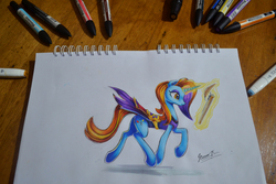 Size: 4608x3072 | Tagged: safe, artist:light-of-inirida, sassy saddles, pony, unicorn, g4, clothes, cutie mark, female, glowing horn, horn, magic, marker drawing, markers, photo, signature, simple background, solo, telekinesis, traditional art, white background