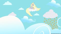 Size: 1920x1080 | Tagged: safe, artist:nicolasdominique, derpy hooves, alicorn, pony, g4, cloud, crown, female, food, jewelry, mare, muffin, muffin rain, princess derpy, regalia, sky, solo, wallpaper