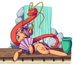 Size: 2202x1940 | Tagged: safe, artist:francusfri, sable spirit, chinese dragon, dragon, pony, unicorn, campfire tales, g4, bedroom eyes, bow, clothes, curved horn, cutie mark, fan, fanning, female, horn, looking at you, magic dragon, mare, on side, robe, sexy, smiling, solo, stupid sexy sable spirit, vase, waterfall, young, young sable spirit, younger