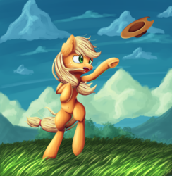 Size: 2327x2388 | Tagged: safe, artist:francusfri, applejack, earth pony, pony, g4, belly button, bipedal, cloud, ear fluff, female, grass field, hat, high res, solo