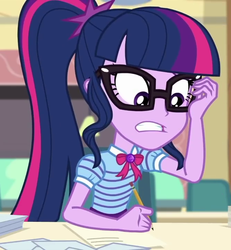 Size: 665x719 | Tagged: safe, screencap, sci-twi, twilight sparkle, equestria girls, g4, my little pony equestria girls: better together, the last day of school, cropped, female, geode of telekinesis, glasses, nervous, pencil, solo