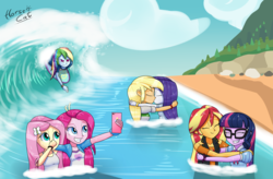 Size: 3800x2500 | Tagged: safe, artist:horsecat, applejack, fluttershy, pinkie pie, rainbow dash, rarity, sci-twi, sunset shimmer, twilight sparkle, equestria girls, g4, beach, bracelet, bunny ears (gesture), cellphone, clothes, female, high res, humane five, humane seven, humane six, jewelry, kissing, lesbian, phone, selfie, ship:flutterpie, ship:rarijack, ship:sunsetsparkle, shipping, smartphone, surfboard, surfing, tank top, wave, wet clothes