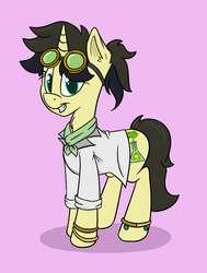 Size: 3000x3969 | Tagged: safe, artist:scritchy, oc, oc only, pony, clothes, goggles, high res, lab coat, simple background, smiling, solo