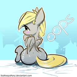 Size: 2000x2000 | Tagged: safe, artist:itsalwayspony, derpy hooves, pegasus, pony, g4, blushing, bubble butt, butt, destruction, female, high res, iron plot, oops, plot, solo, text