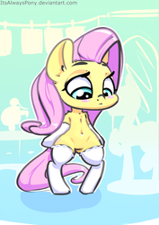 Size: 859x1215 | Tagged: safe, artist:itsalwayspony, fluttershy, pegasus, pony, semi-anthro, g4, belly button, blushing, clothes, featureless crotch, female, lingerie, simple background, socks, solo, thigh highs, white background