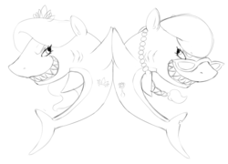 Size: 1200x862 | Tagged: safe, artist:7th-swell, diamond tiara, silver spoon, shark, g4, grin, high five, looking at each other, monochrome, sharkified, smiling, species swap