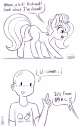 Size: 1280x2048 | Tagged: safe, artist:dsp2003, oc, oc:brownie bun, oc:richard, earth pony, human, pony, 69 (number), bit, blushing, brownie butt, butt, coin, comic, emoji, female, male, mare, money, monochrome, open mouth, plot, signature, simple background, sketch, white background