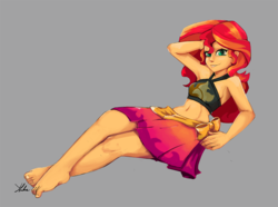 Size: 900x670 | Tagged: safe, artist:xenstroke, sunset shimmer, human, equestria girls, equestria girls series, forgotten friendship, g4, arm behind head, armpits, barefoot, beach shorts swimsuit, belly button, breasts, busty sunset shimmer, clothes, feet, female, gray background, looking at you, midriff, sarong, sideboob, simple background, solo, sunset shimmer's beach shorts swimsuit, swimsuit, toenails