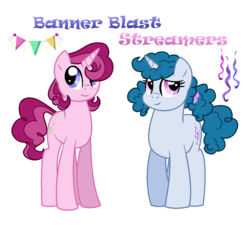 Size: 1097x987 | Tagged: safe, artist:hazardous-andy, oc, oc only, oc:banner blast, oc:streamers, pony, unicorn, base used, brother and sister, colt, duo, female, filly, male, offspring, parent:party favor, parent:sugar belle, parents:partybelle, pigtails, simple background, transparent background