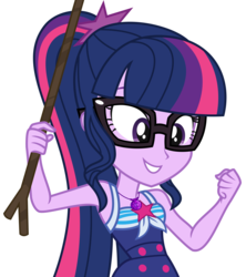 Size: 2997x3375 | Tagged: safe, artist:sketchmcreations, sci-twi, twilight sparkle, equestria girls, friendship math, g4, my little pony equestria girls: better together, clothes, female, geode of telekinesis, happy, high res, magical geodes, simple background, smiling, solo, stick, swimsuit, transparent background, vector