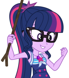 Size: 2997x3375 | Tagged: safe, artist:sketchmcreations, sci-twi, twilight sparkle, equestria girls, friendship math, g4, my little pony equestria girls: better together, clothes, female, geode of telekinesis, glasses, happy, high res, magical geodes, one-piece swimsuit, ponytail, sci-twi swimsuit, simple background, smiling, solo, stick, swimsuit, transparent background, vector