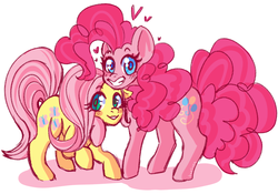 Size: 1319x922 | Tagged: safe, artist:taelvea, fluttershy, pinkie pie, earth pony, pegasus, pony, g4, colored pupils, cute, diapinkes, duo, eye clipping through hair, female, heart, hug, lesbian, looking at you, mare, ship:flutterpie, shipping, shyabetes, simple background, smiling, white background