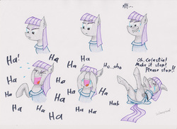 Size: 3507x2550 | Tagged: safe, artist:subscrewedup, edit, maud pie, earth pony, pony, g4, bust, butt, clothes, crying, female, full body, high res, humiliation, laughing, lying, on back, open mouth, out of character, plot, questionable source, reaction image, solo, tears of laughter, traditional art, uncontrollable laughter, xk-class end-of-the-world scenario