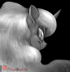 Size: 800x829 | Tagged: safe, artist:thatonegib, nightmare moon, alicorn, pony, g4, angry, black and white, black background, daily doodle, ethereal mane, female, frown, grayscale, looking at you, looking back, looking back at you, monochrome, patreon, patreon logo, simple background, solo