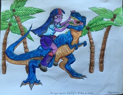 Size: 2777x2149 | Tagged: safe, artist:bozzerkazooers, twilight sparkle, dinosaur, equestria girls, g4, angry, female, fight, giantess, gritted teeth, high res, humans riding dinosaurs, macro, palm tree, riding, traditional art, tree