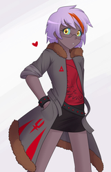 Size: 1280x1991 | Tagged: safe, artist:jonfawkes, oc, oc:fickle fortune, human, belt, clothes, coat, cute, dark skin, dracosteed, female, glasses, humanized, jacket, miniskirt, moe, musician, skirt, solo, teenager, two toned eyes, two toned hair