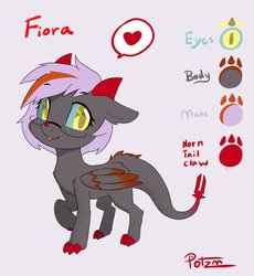 Size: 858x932 | Tagged: safe, artist:potzm, oc, oc:fickle fortune, bladed tail, claws, dracosteed, female, heart, parent:funeral dirge, pictogram, reference sheet, solo, teenager, two toned eyes, two toned hair, wings