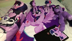 Size: 1281x721 | Tagged: safe, artist:yukandasama, twilight sparkle, alicorn, seapony (g4), g4, bedsheets, body pillow, clothes, computer, irl, laptop computer, maid, merchandise, photo, pillow, plushie, solo, tongue out, twilight sparkle (alicorn)