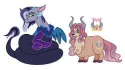 Size: 2346x1325 | Tagged: safe, artist:hazardous-andy, oc, oc only, draconequus, hybrid, yakony, cousins, draconequus oc, duo, female, hair over one eye, interspecies offspring, male, offspring, parent:discord, parent:prince rutherford, parent:princess celestia, parent:princess luna, parents:lunacord, parents:ruthlestia, simple background, transparent background