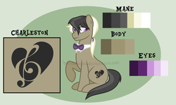 Size: 1723x1024 | Tagged: safe, artist:ipandacakes, oc, oc only, oc:charleston, earth pony, pony, bowtie, male, offspring, parent:frederic horseshoepin, parent:octavia melody, parents:fredtavia, reference sheet, solo, stallion