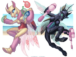 Size: 1280x965 | Tagged: safe, artist:loupgarou, june blossom, june rose, oc, oc only, changedling, changeling, anthro, unguligrade anthro, g1, g3, armpits, barbie doll anatomy, birthday ponies, birthflower ponies, birthstone, breasts, cloven hooves, duo, female, water balloon, watergun, wings