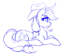 Size: 2048x1536 | Tagged: safe, artist:ratofdrawn, applejack, earth pony, pony, g4, chest fluff, cowboy hat, explicit source, female, hat, mare, monochrome, profile, prone, simple background, sketch, solo, white background