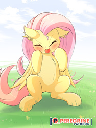 Size: 1600x2133 | Tagged: safe, artist:phoenixperegrine, fluttershy, pegasus, pony, g4, blushing, chest fluff, cute, ear fluff, eyes closed, female, fluttertsun, hnnng, mare, patreon, patreon logo, shyabetes, sitting, solo, tongue out, tsundere