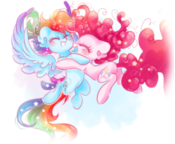 Size: 1600x1319 | Tagged: safe, artist:pinkablue, pinkie pie, rainbow dash, earth pony, pegasus, pony, g4, blushing, eyes closed, female, flying, happy, hug, lesbian, mare, ship:pinkiedash, shipping, smiling, spread wings, wings