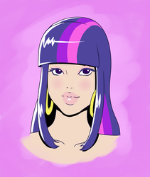 Size: 1280x1516 | Tagged: safe, alternate version, artist:annon, twilight sparkle, human, g4, bimbo, bimbo sparkle, bust, ear piercing, earring, hooped earrings, humanized, jewelry, multicolored hair, no makeup, piercing