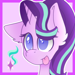 Size: 500x500 | Tagged: safe, artist:komasantaffy, starlight glimmer, pony, unicorn, g4, bust, cute, female, glimmerbetes, portrait, solo, tongue out