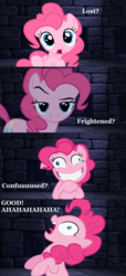 Size: 1980x4336 | Tagged: safe, artist:jadedapegasus, derpibooru exclusive, pinkie pie, g4, blue eyes, crazy eyes, crazy face, crossover, faic, female, i.m. meen, insanity, laughing, laughing mad, mare, parody, pinkamena diane pie, text, wat