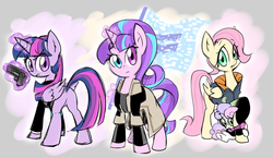 Size: 1324x768 | Tagged: safe, artist:thegreatrouge, fluttershy, starlight glimmer, sweetie belle, twilight sparkle, alicorn, android, gynoid, pegasus, pony, robot, unicorn, g4, alice (detroit: become human), alternate hairstyle, ax400, butt, clothes, connor, cosplay, costume, crossover, detroit: become human, equal cutie mark, equal sign, equality, female, flag, flutterbot, glimmerbot, glowing horn, group, gun, heterochromia, horn, hug, jacket, kara (detroit: become human), looking at you, looking back, looking back at you, markus, plot, quartet, trenchcoat, trio, twibot, twilight sparkle (alicorn), weapon