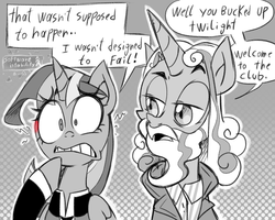 Size: 1280x1024 | Tagged: safe, artist:thegreatrouge, star swirl the bearded, twilight sparkle, alicorn, android, pony, unicorn, g4, abstract background, bust, clothes, connor, cosplay, costume, detroit: become human, dialogue, duo, female, grayscale, hank anderson, male, mare, monochrome, rk800, speech bubble, stallion, twilight sparkle (alicorn)