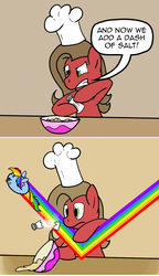 Size: 799x1388 | Tagged: safe, artist:cedar13, rainbow dash, oc, oc:pun, earth pony, pony, ask pun, g4, bowl, chef's hat, chubbie, comic, female, food, hat, mare, salt