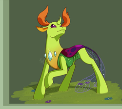 Size: 1555x1400 | Tagged: safe, artist:taledemon, thorax, changedling, changeling, g4, green background, king thorax, looking up, male, raised hoof, simple background, solo