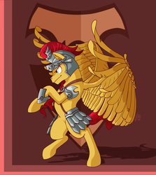 Size: 1293x1451 | Tagged: safe, artist:taledemon, flash magnus, pegasus, pony, g4, armor, frown, male, netitus, rearing, shield, solo, spread wings, stallion, standing, wings