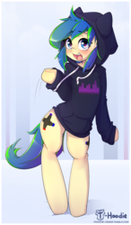 Size: 701x1200 | Tagged: safe, artist:hoodie, oc, oc only, oc:ravebounce, semi-anthro, bipedal, blushing, bottomless, clothes, cute, dancing, hoodie, partial nudity, solo