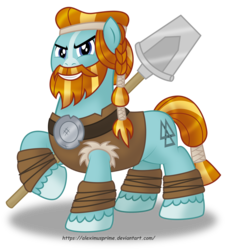 Size: 3716x4114 | Tagged: safe, artist:aleximusprime, rockhoof, earth pony, pony, campfire tales, g4, 1000, beard, clothes, facial hair, looking at you, male, rockhoof's shovel, shovel, simple background, solo, stallion, transparent background