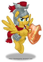 Size: 2759x3991 | Tagged: safe, artist:aleximusprime, flash magnus, pegasus, pony, campfire tales, g4, >:), clothes, helmet, high res, looking at you, male, netitus, shield, simple background, smiling, smirk, solo, stallion, transparent background