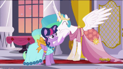 Size: 900x506 | Tagged: safe, screencap, princess celestia, twilight sparkle, alicorn, pony, g4, make new friends but keep discord, alternate hairstyle, canterlot castle, carpet, checkered floor, clothes, confused, crown, dress, duo, duo female, ethereal mane, eyes closed, female, flowing mane, folded wings, gala dress, gif, hair bun, having fun, hoof shoes, jewelry, mare, multicolored mane, necklace, non-animated gif, pillar, raised eyebrow, red carpet, regalia, sillestia, silly, spread wings, talking, twilight sparkle (alicorn), window