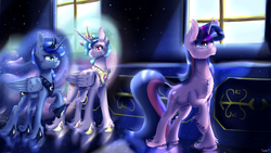 Size: 3840x2160 | Tagged: safe, artist:sintakhra, princess celestia, princess luna, twilight sparkle, alicorn, classical unicorn, pony, unicorn, fanfic:archmage, g4, canterlot castle, cloven hooves, crown, ethereal mane, fanfic, fanfic art, female, fluffy, high res, horn, jewelry, leonine tail, lesbian, looking at each other, mare, pendant, raised hoof, regalia, royal sisters, ship:twiluna, shipping, sisters, smiling, unshorn fetlocks, window