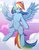 Size: 1159x1479 | Tagged: safe, artist:fensu-san, artist:notsafe2safeponies, edit, rainbow dash, pegasus, pony, semi-anthro, g4, backwards cutie mark, belly, cloud, eyes closed, female, flying, human shoulders, humanoid torso, looking at you, mare, one eye closed, sfw edit, smiling, solo, spread wings, wings, wink