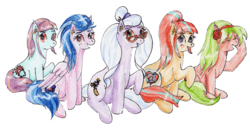 Size: 2059x1056 | Tagged: safe, artist:40kponyguy, derpibooru exclusive, edit, editor:binkyt11, indigo zap, lemon zest, sour sweet, sugarcoat, sunny flare, earth pony, pegasus, pony, villains of equestria collab, cutie mark, ear fluff, equestria girls ponified, eyes closed, headphones, looking at you, pigtails, ponified, raised hoof, shadow five, shadowbolts, simple background, traditional art, transparent background, twintails